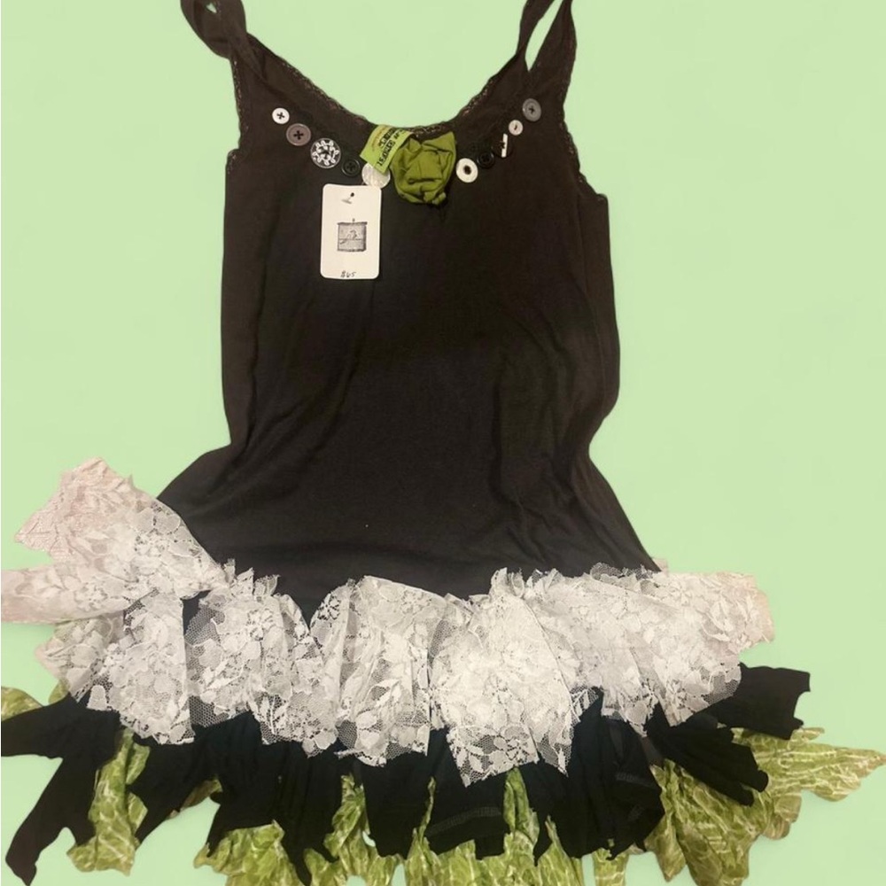 Upcycled Handmade Black and Green Lace Top with Flower Detail Dress🫒🕷️